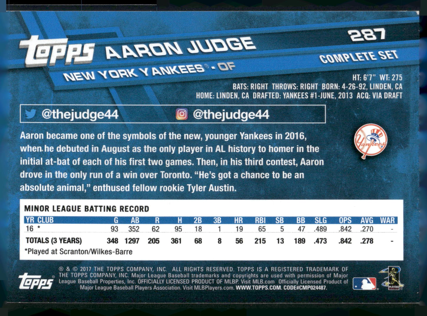 2017 Topps #287 Aaron Judge Factory Set Bonus: Rookie Image Variation