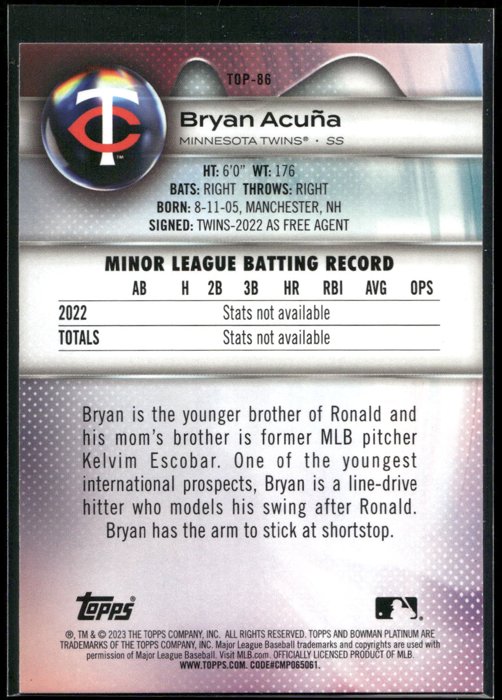 2023 Bowman Platinum #TOP-86 Bryan Acuña Top Prospects
