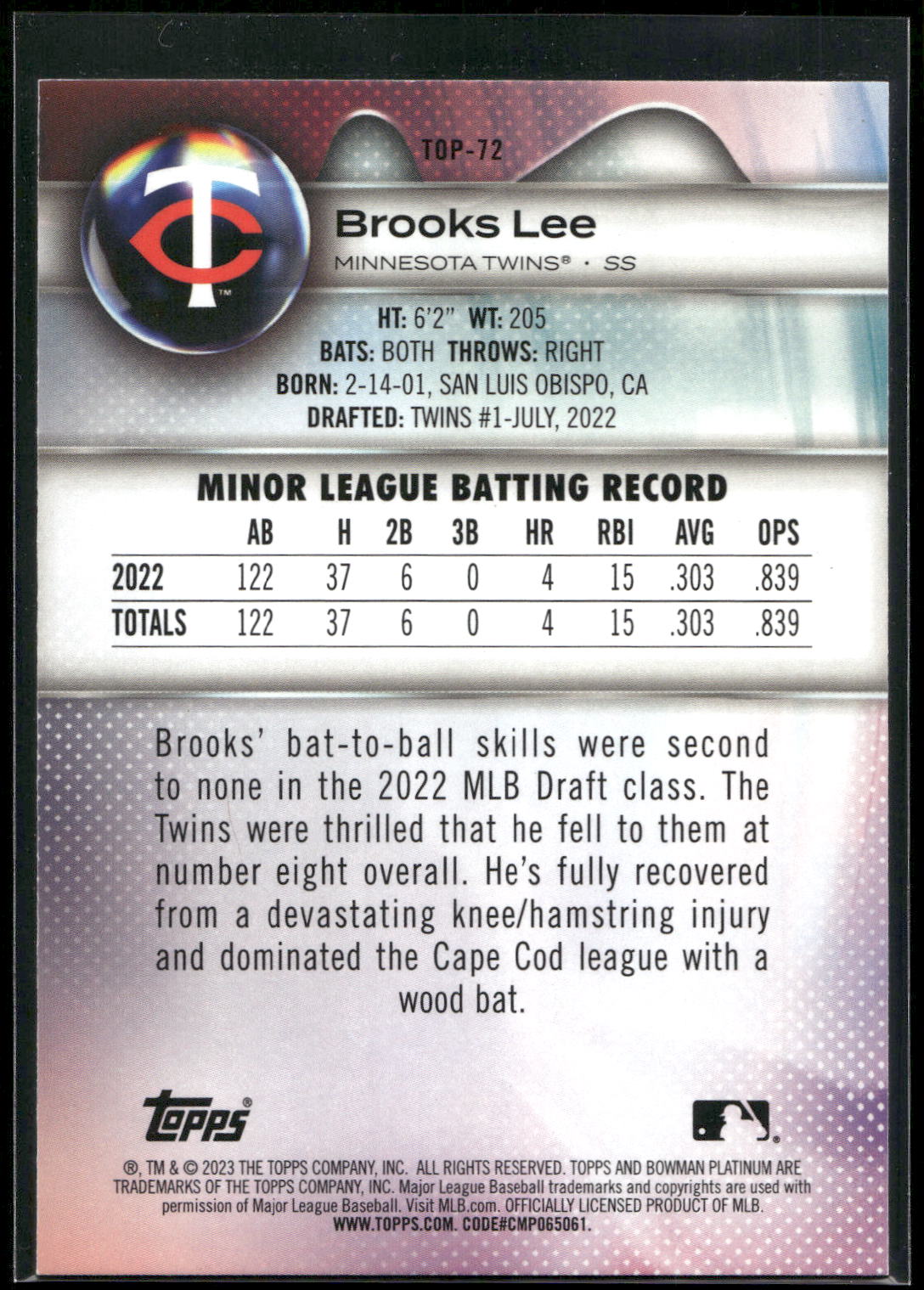 2023 Bowman Platinum #TOP-72 Brooks Lee Top Prospects
