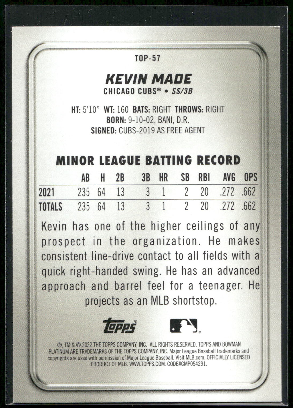 2022 Bowman Platinum #TOP-57 Kevin Made Top Prospects