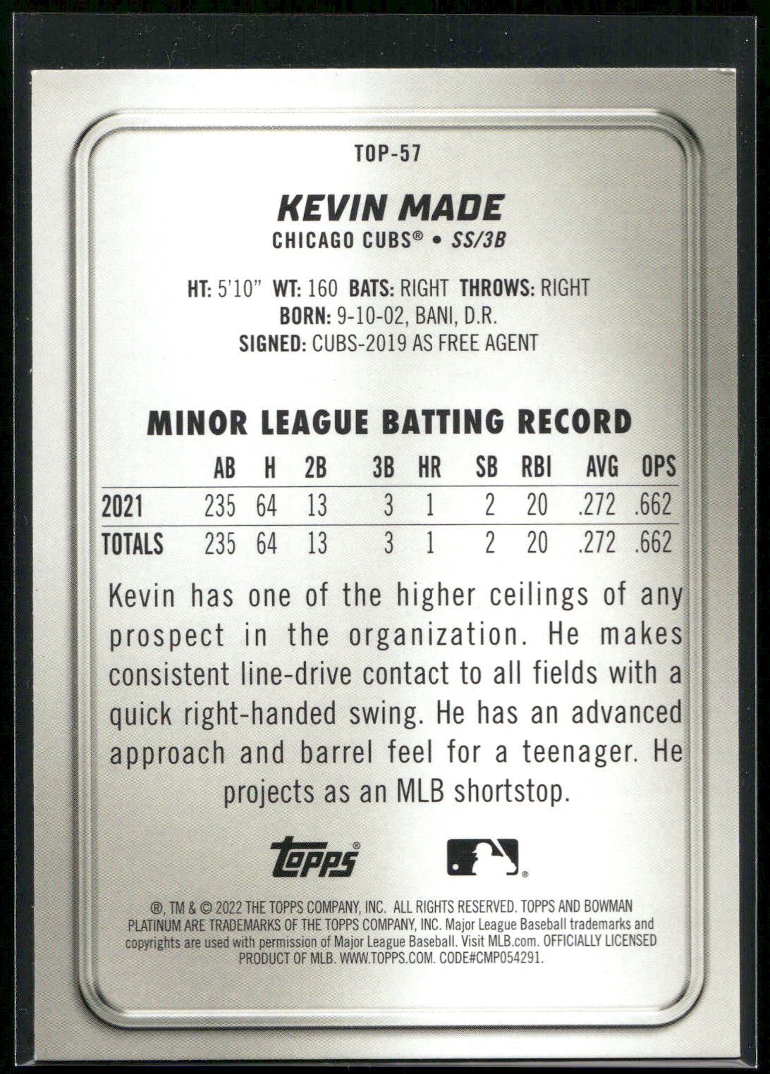 2022 Bowman Platinum #TOP-57 Kevin Made Top Prospects