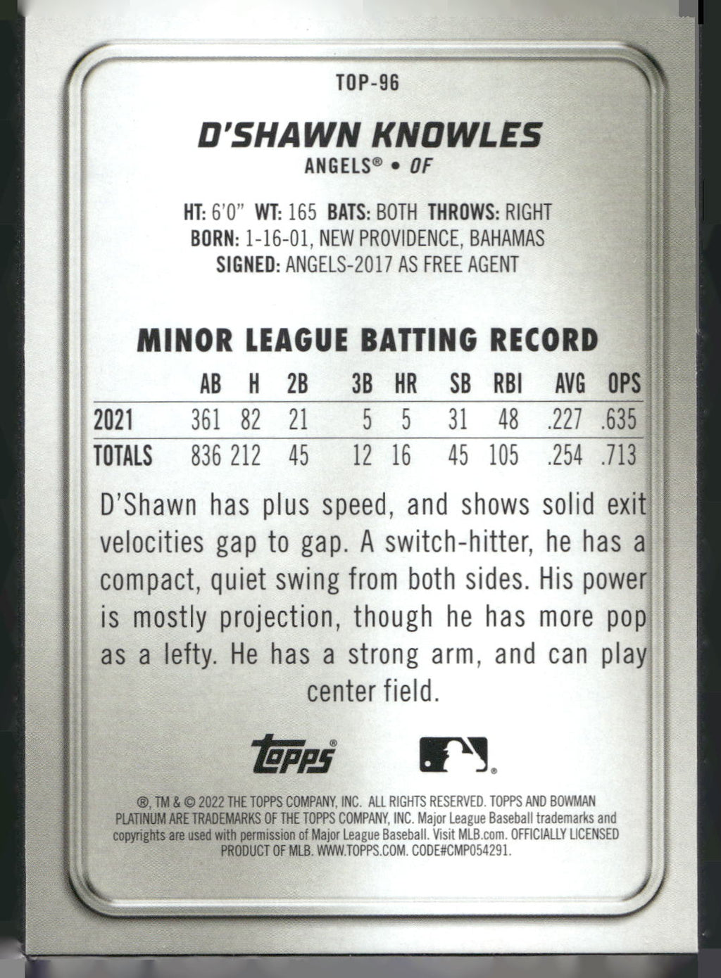 2022 Bowman Platinum #TOP-96 D'Shawn Knowles Top Prospects Ice Foilboard
