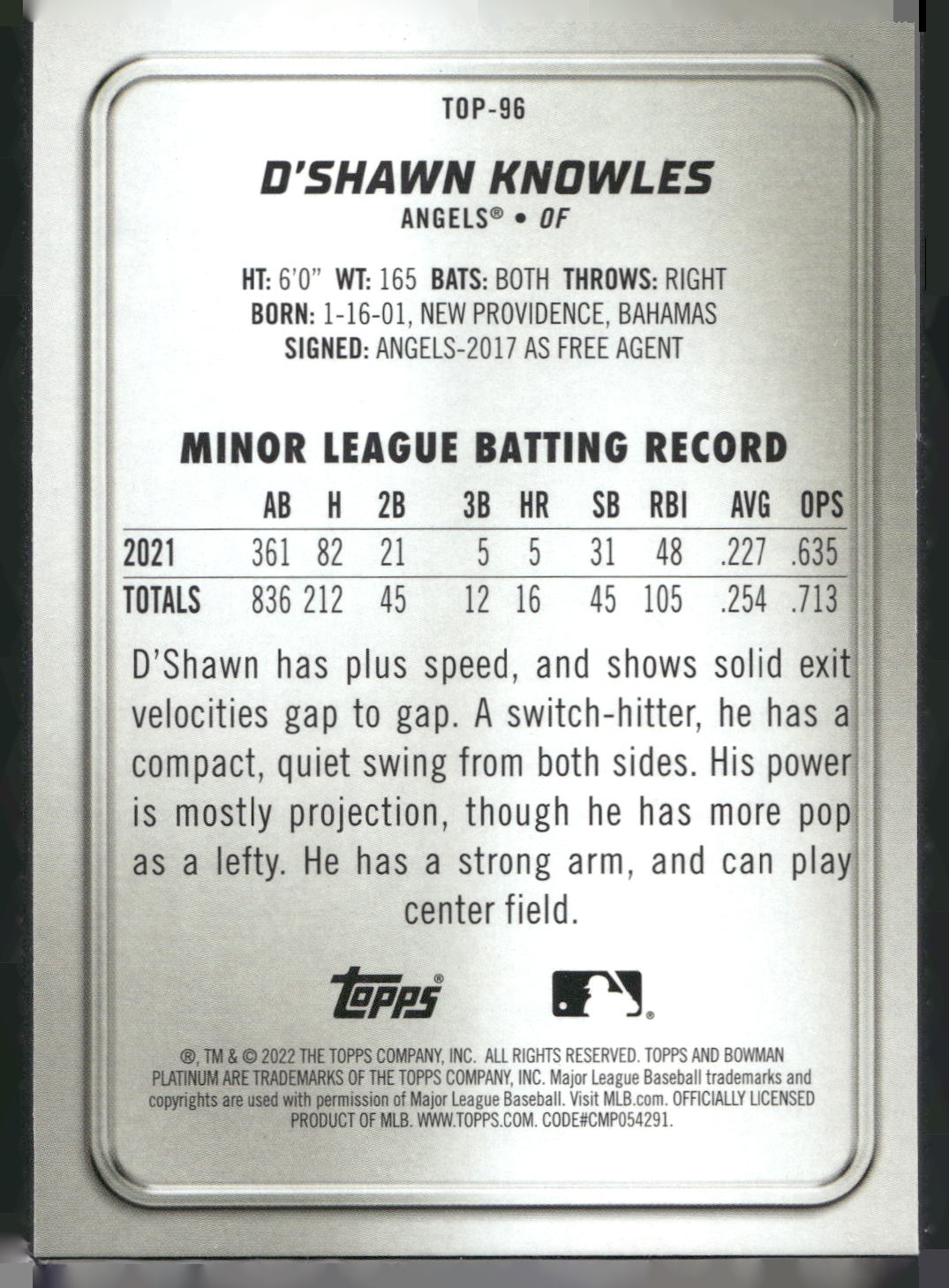 2022 Bowman Platinum #TOP-96 D'Shawn Knowles Top Prospects Ice Foilboard