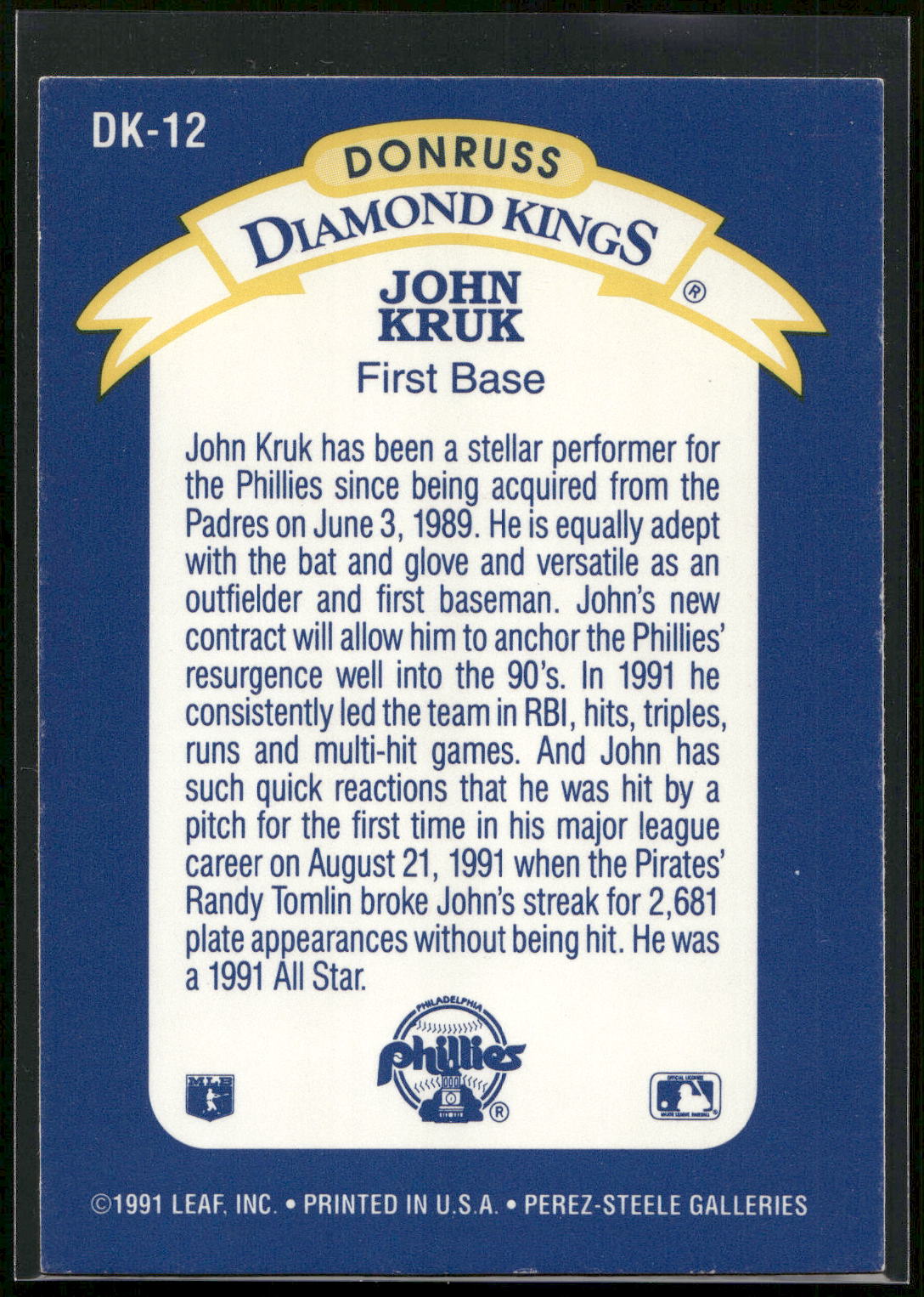 1992 Donruss #DK-12 John Kruk Diamond Kings