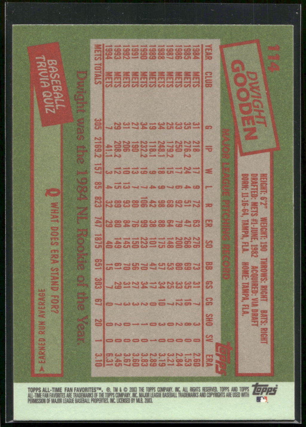 2003 Topps All-Time Fan Favorites #114 Dwight Gooden