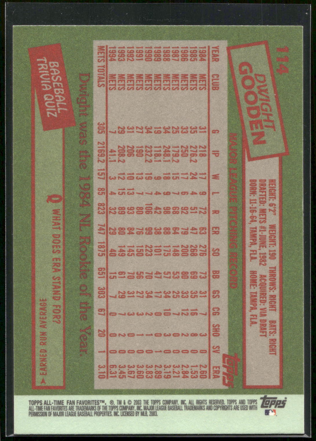 2003 Topps All-Time Fan Favorites #114 Dwight Gooden