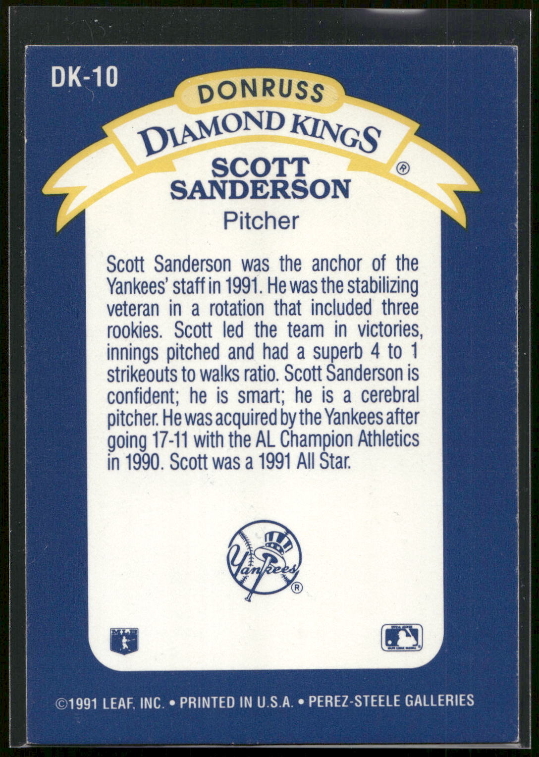 1992 Donruss #DK-10 Scott Sanderson Diamond Kings