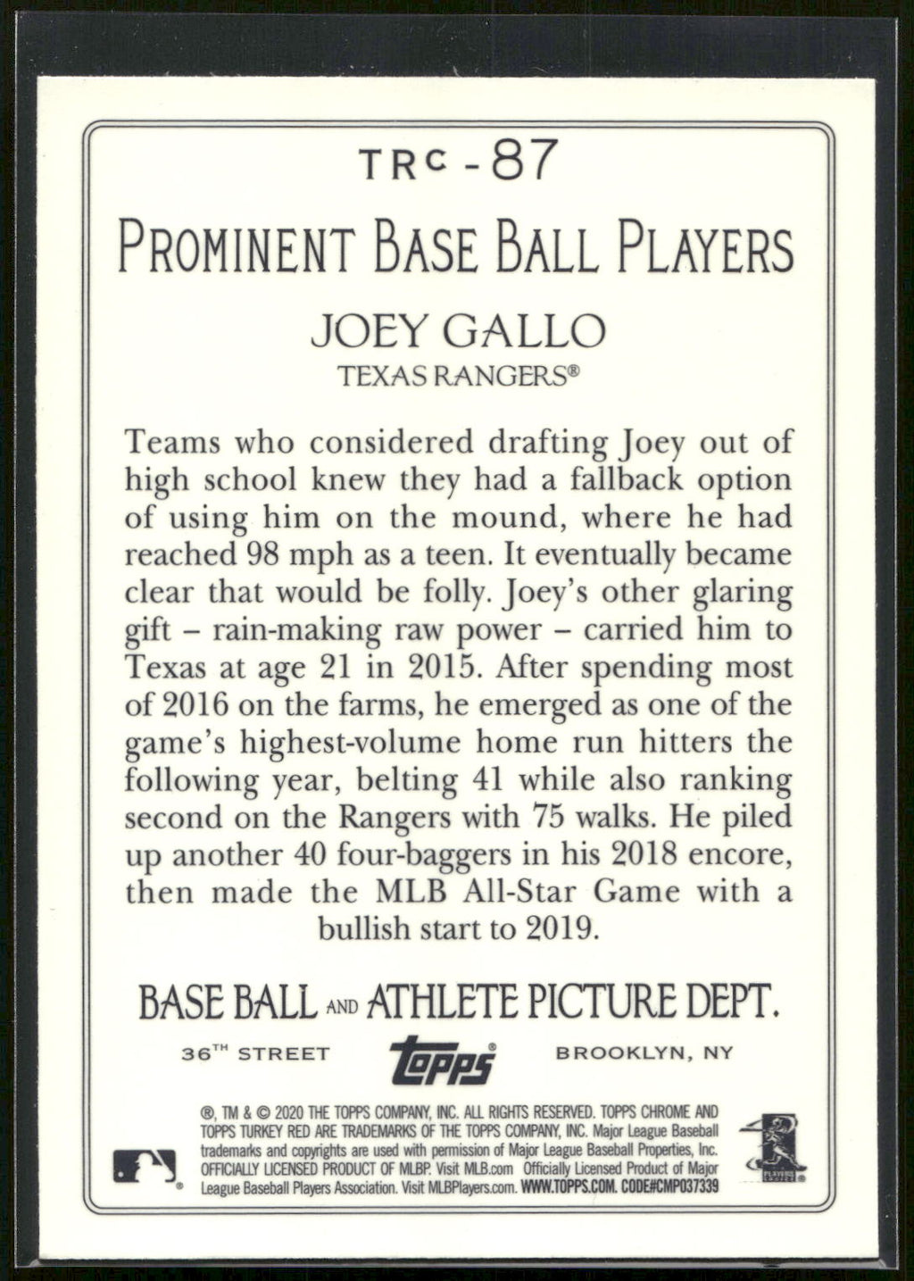 2020 Topps #TRC-87 Joey Gallo Turkey Red 2020 Chrome (Series 1)