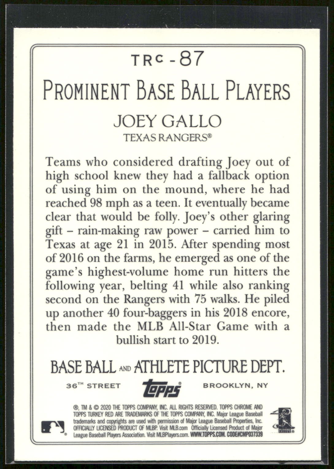 2020 Topps #TRC-87 Joey Gallo Turkey Red 2020 Chrome (Series 1)