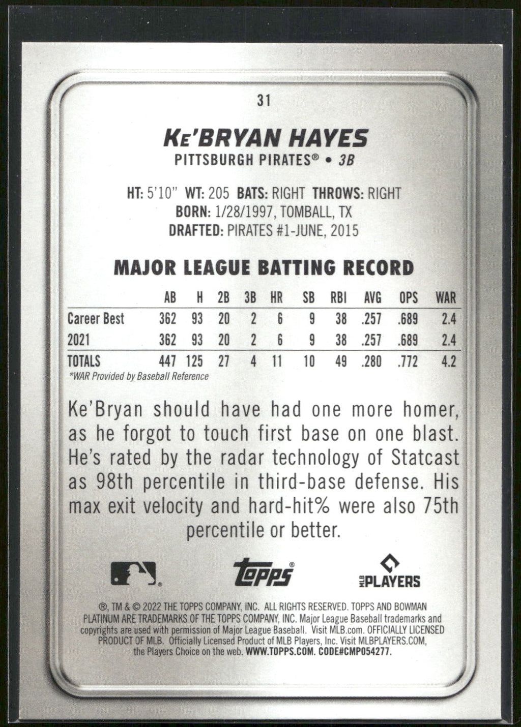 2022 Bowman Platinum #31 Ke'Bryan Hayes