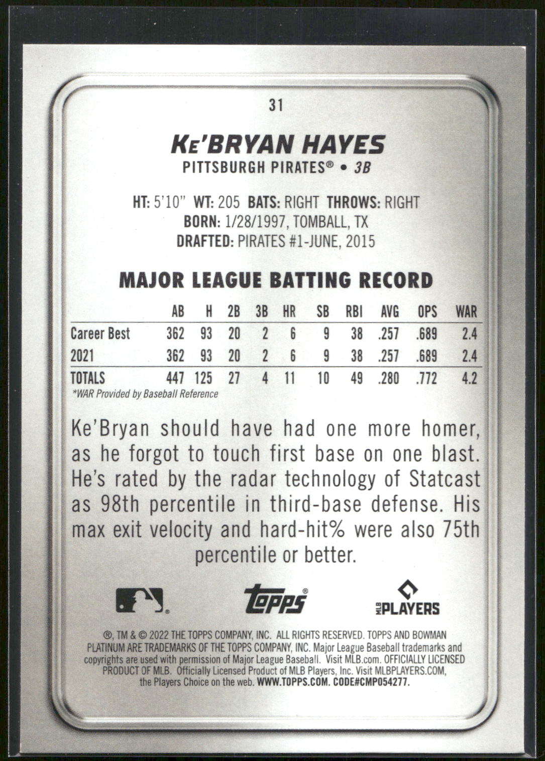 2022 Bowman Platinum #31 Ke'Bryan Hayes