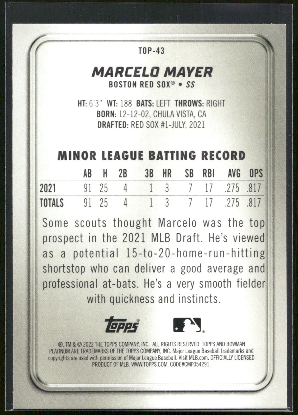 2022 Bowman Platinum #TOP-43 Marcelo Mayer Top Prospects