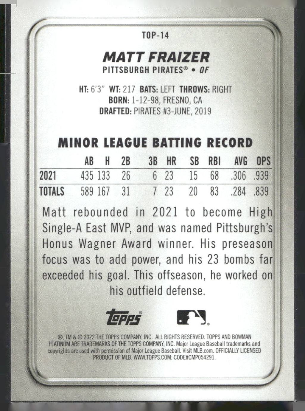 2022 Bowman Platinum #TOP-14 Matt Fraizer Top Prospects Ice Foilboard
