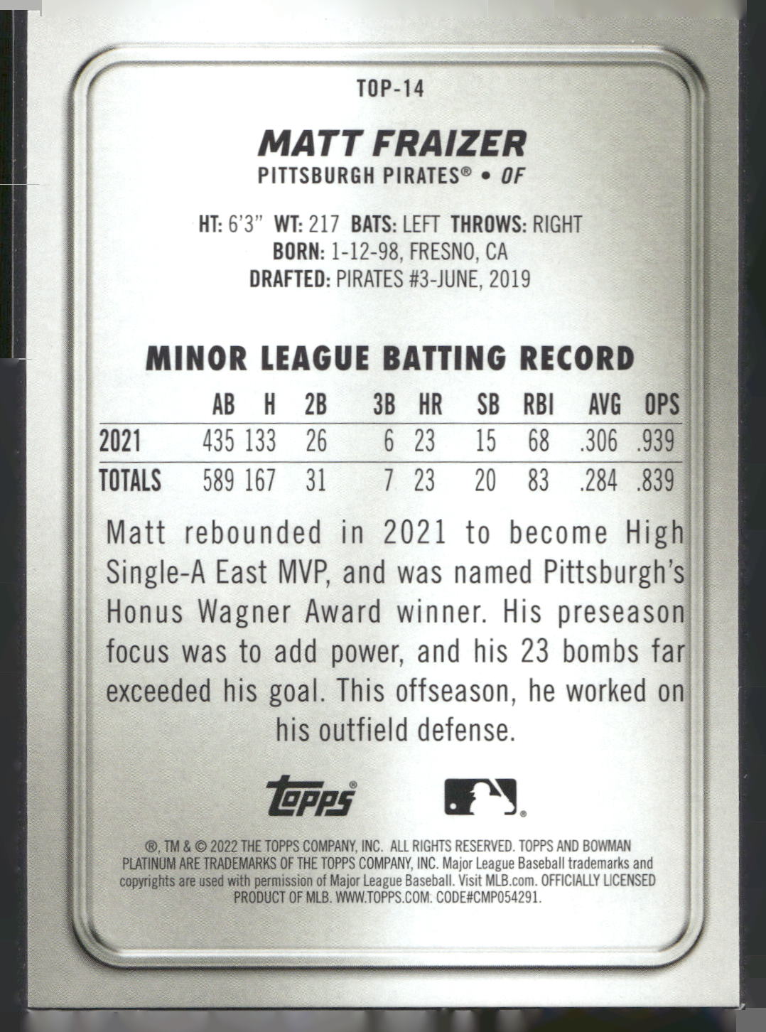 2022 Bowman Platinum #TOP-14 Matt Fraizer Top Prospects Ice Foilboard