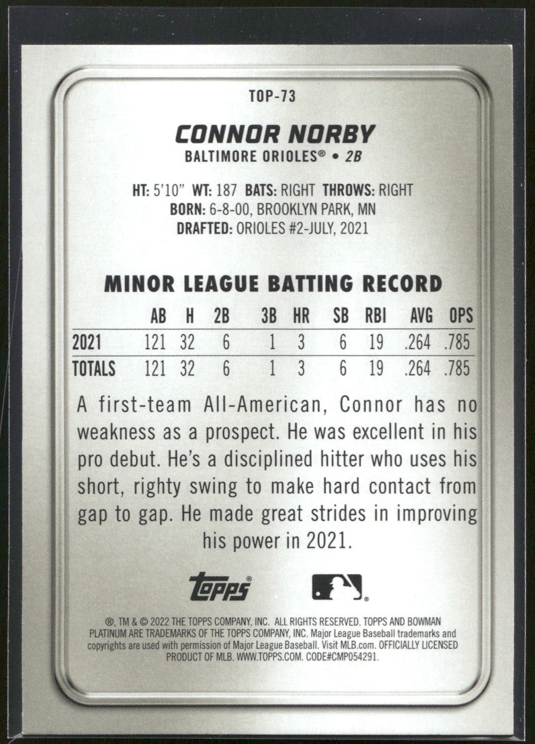 2022 Bowman Platinum #TOP-73 Connor Norby Top Prospects Ice Foilboard