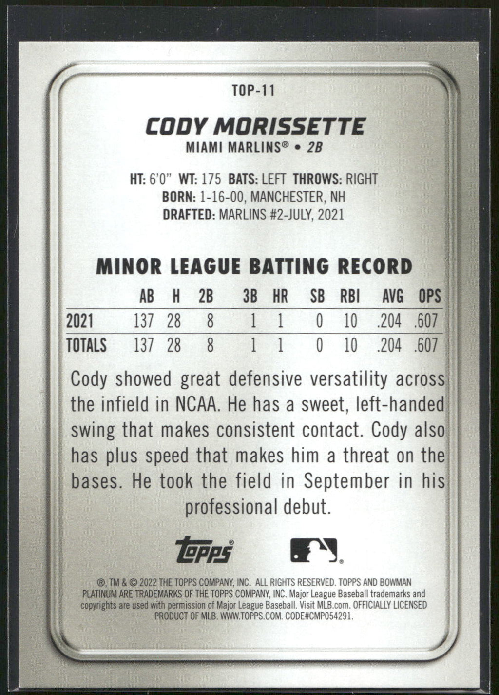 2022 Bowman Platinum #TOP-11 Cody Morissette Top Prospects Ice Foilboard