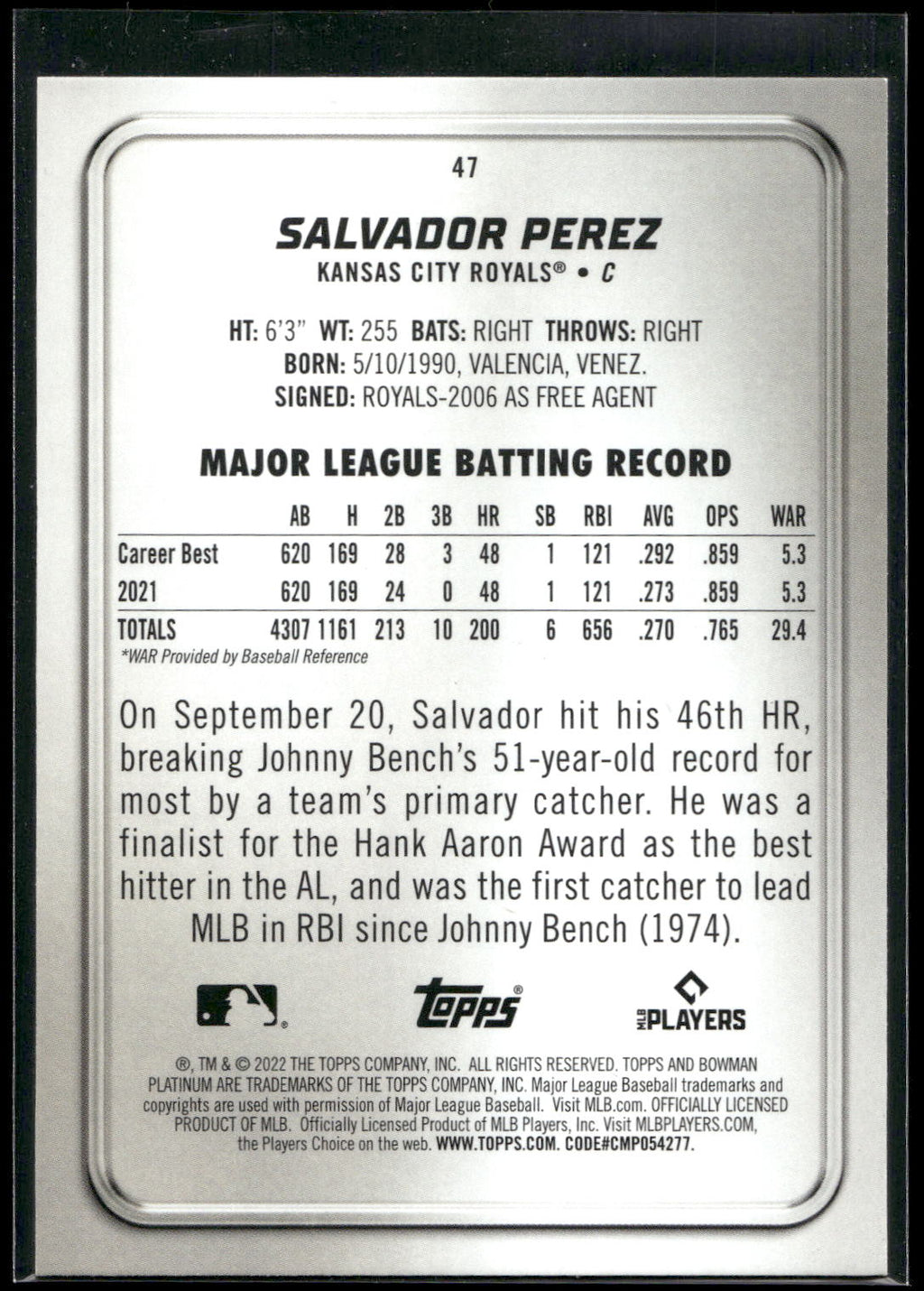 2022 Bowman Platinum #47 Salvador Perez