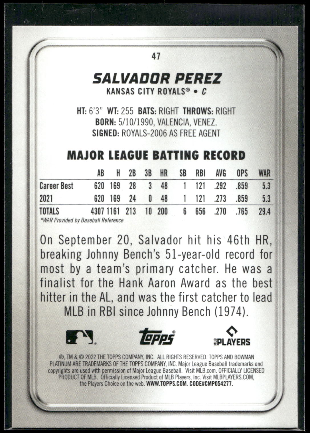 2022 Bowman Platinum #47 Salvador Perez