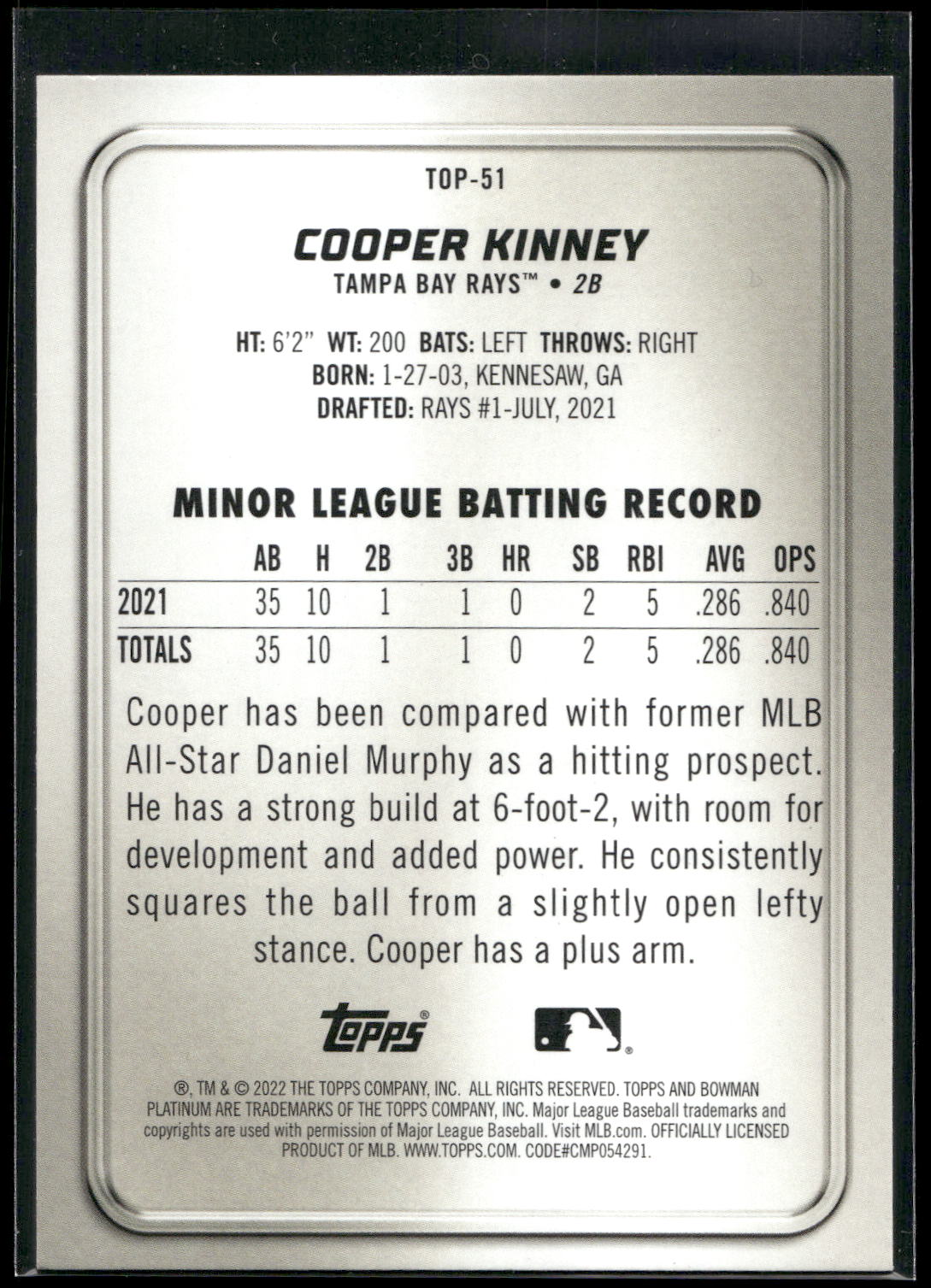 2022 Bowman Platinum #TOP-51 Cooper Kinney Top Prospects