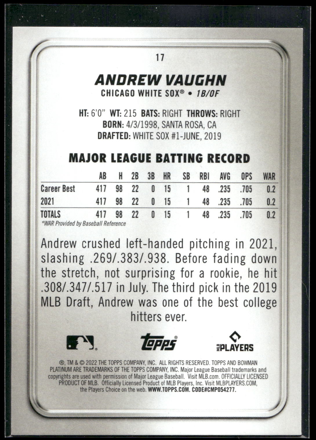 2022 Bowman Platinum #17 Andrew Vaughn