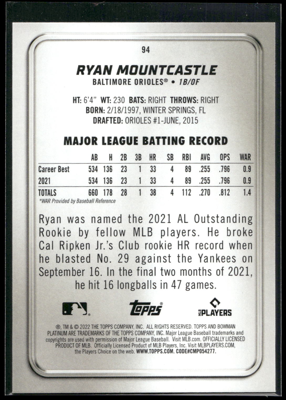 2022 Bowman Platinum #94 Ryan Mountcastle