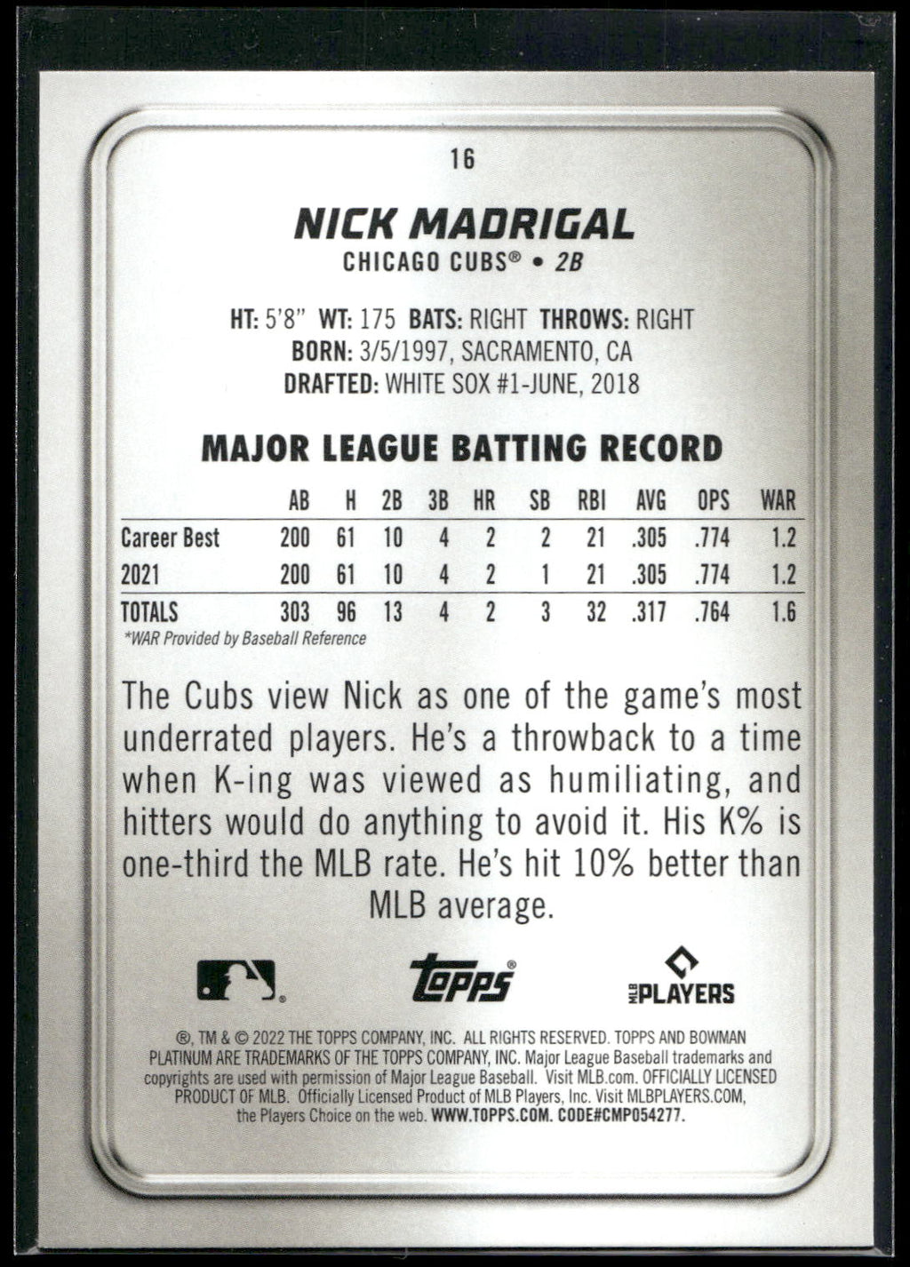 2022 Bowman Platinum #16 Nick Madrigal