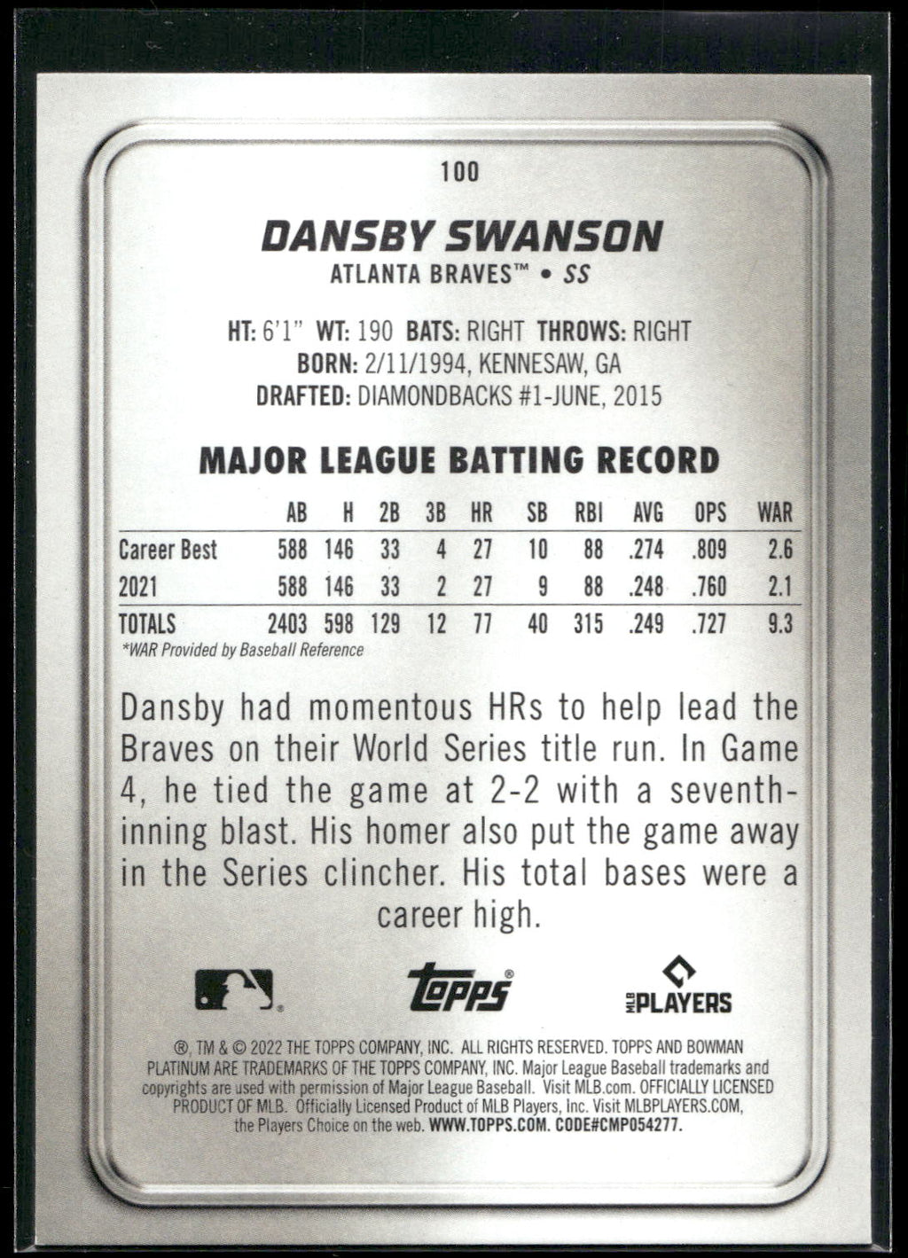 2022 Bowman Platinum #100 Dansby Swanson