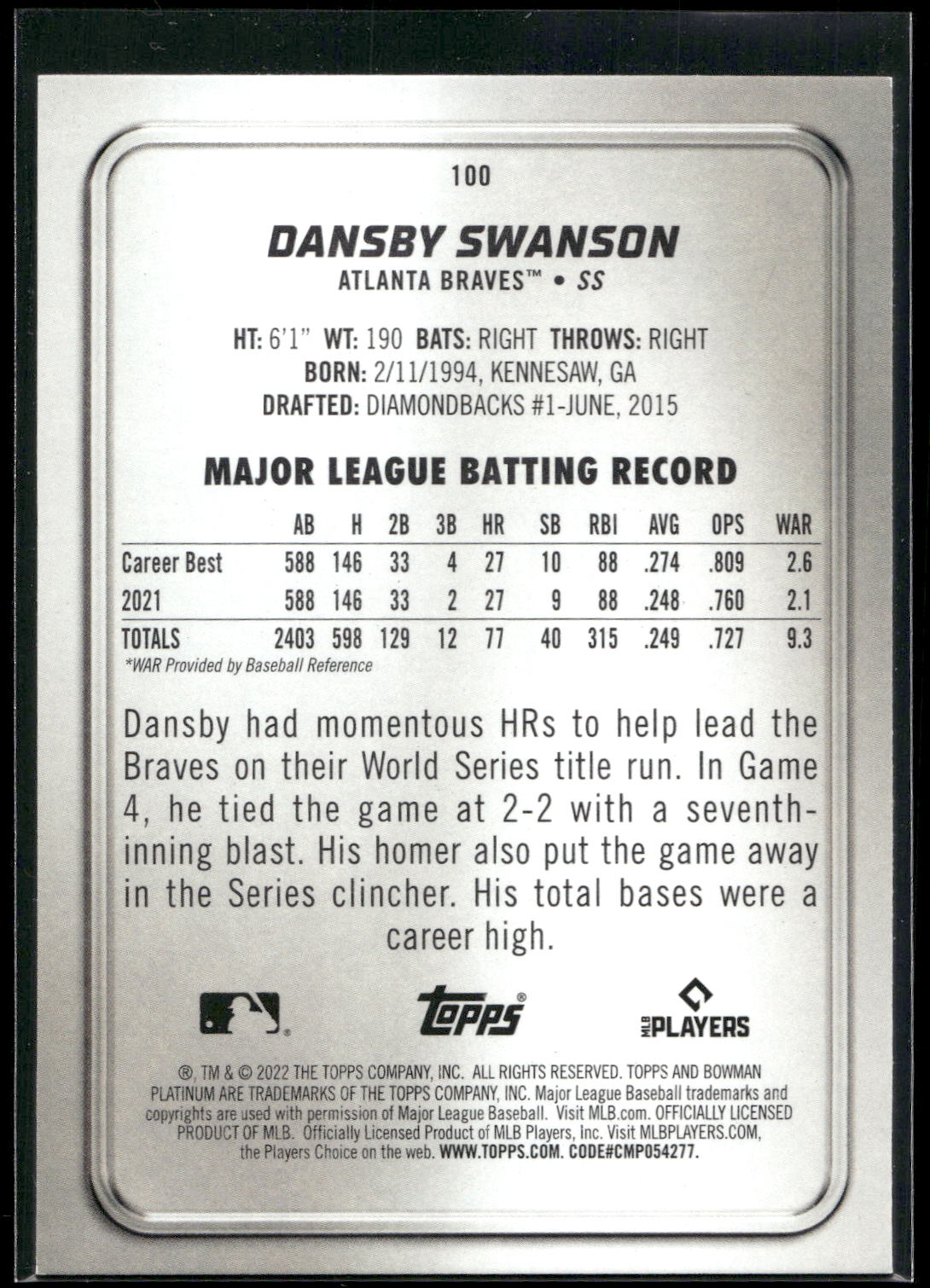 2022 Bowman Platinum #100 Dansby Swanson
