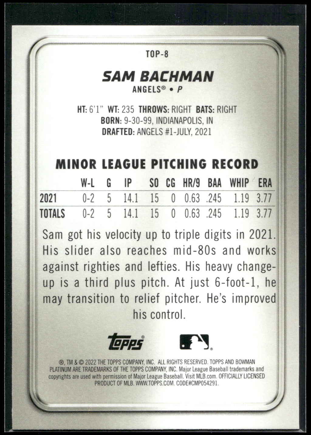 2022 Bowman Platinum #TOP-8 Sam Bachman Top Prospects