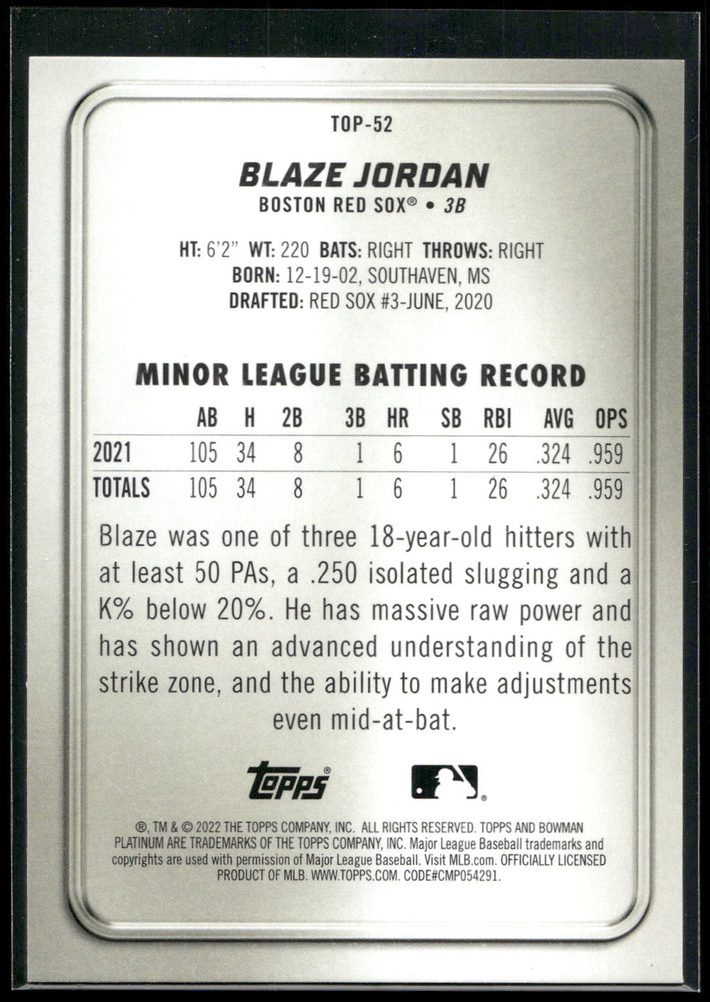 2022 Bowman Platinum #TOP-52 Blaze Jordan Top Prospects