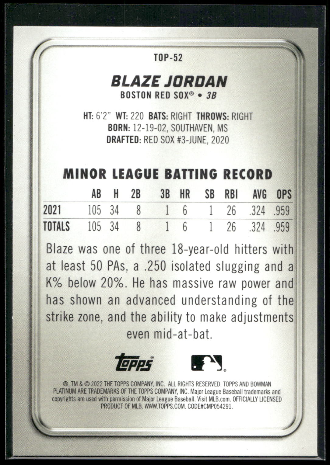 2022 Bowman Platinum #TOP-52 Blaze Jordan Top Prospects
