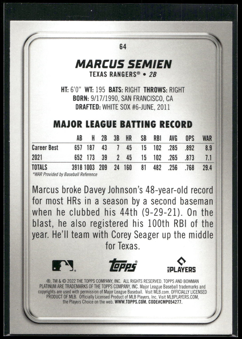 2022 Bowman Platinum #64 Marcus Semien