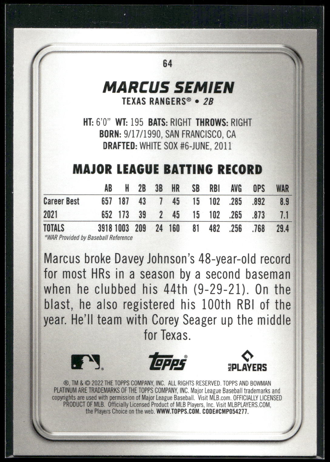 2022 Bowman Platinum #64 Marcus Semien