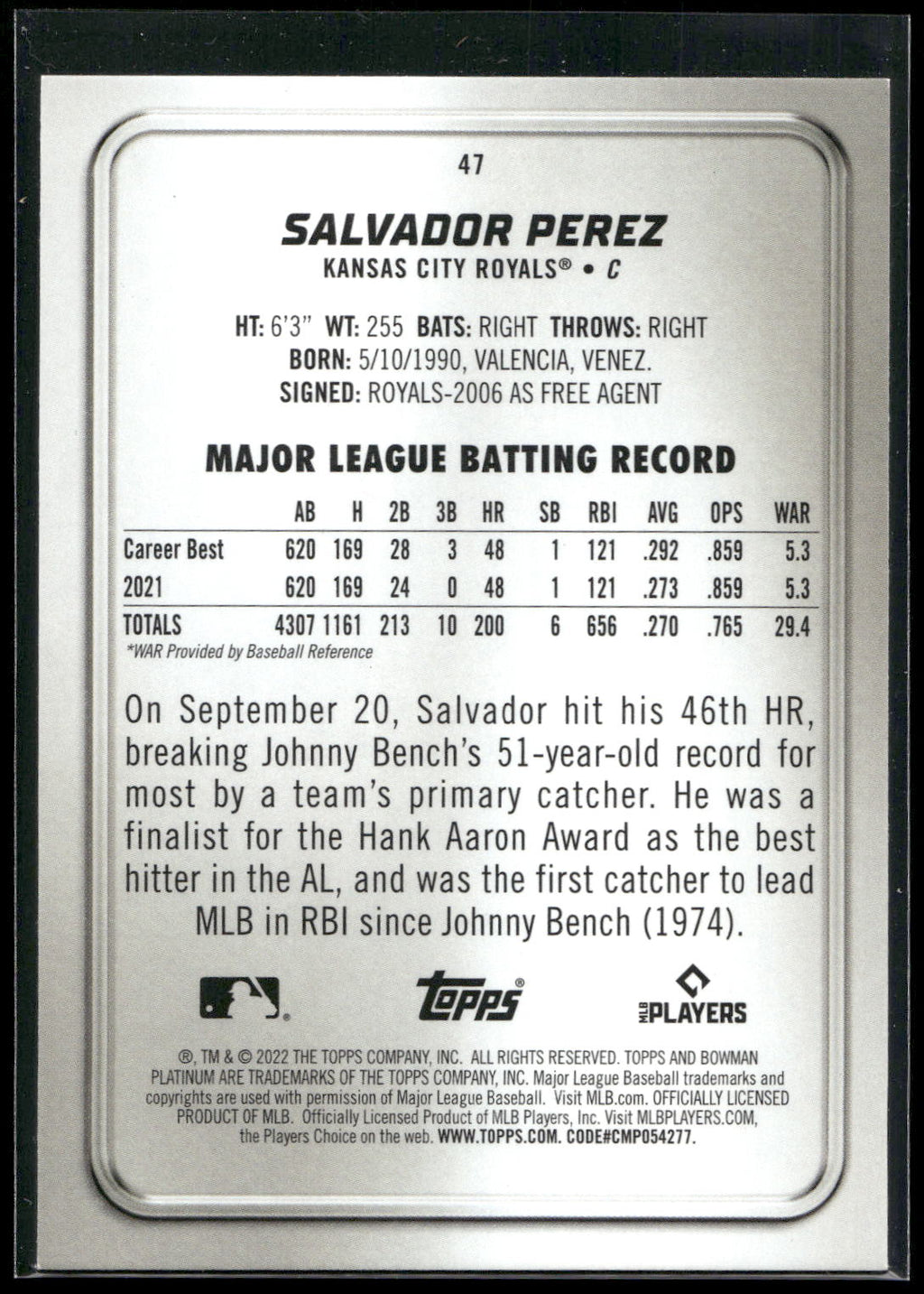 2022 Bowman Platinum #47 Salvador Perez