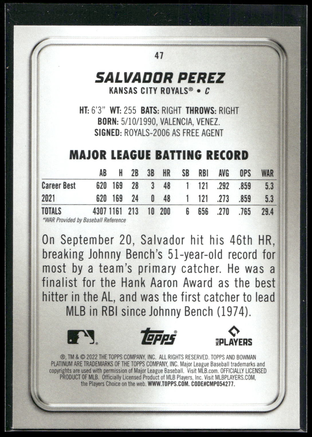 2022 Bowman Platinum #47 Salvador Perez