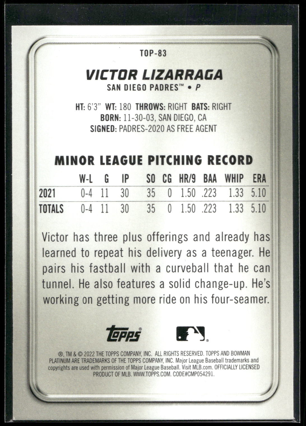 2022 Bowman Platinum #TOP-83 Victor Lizarraga Top Prospects