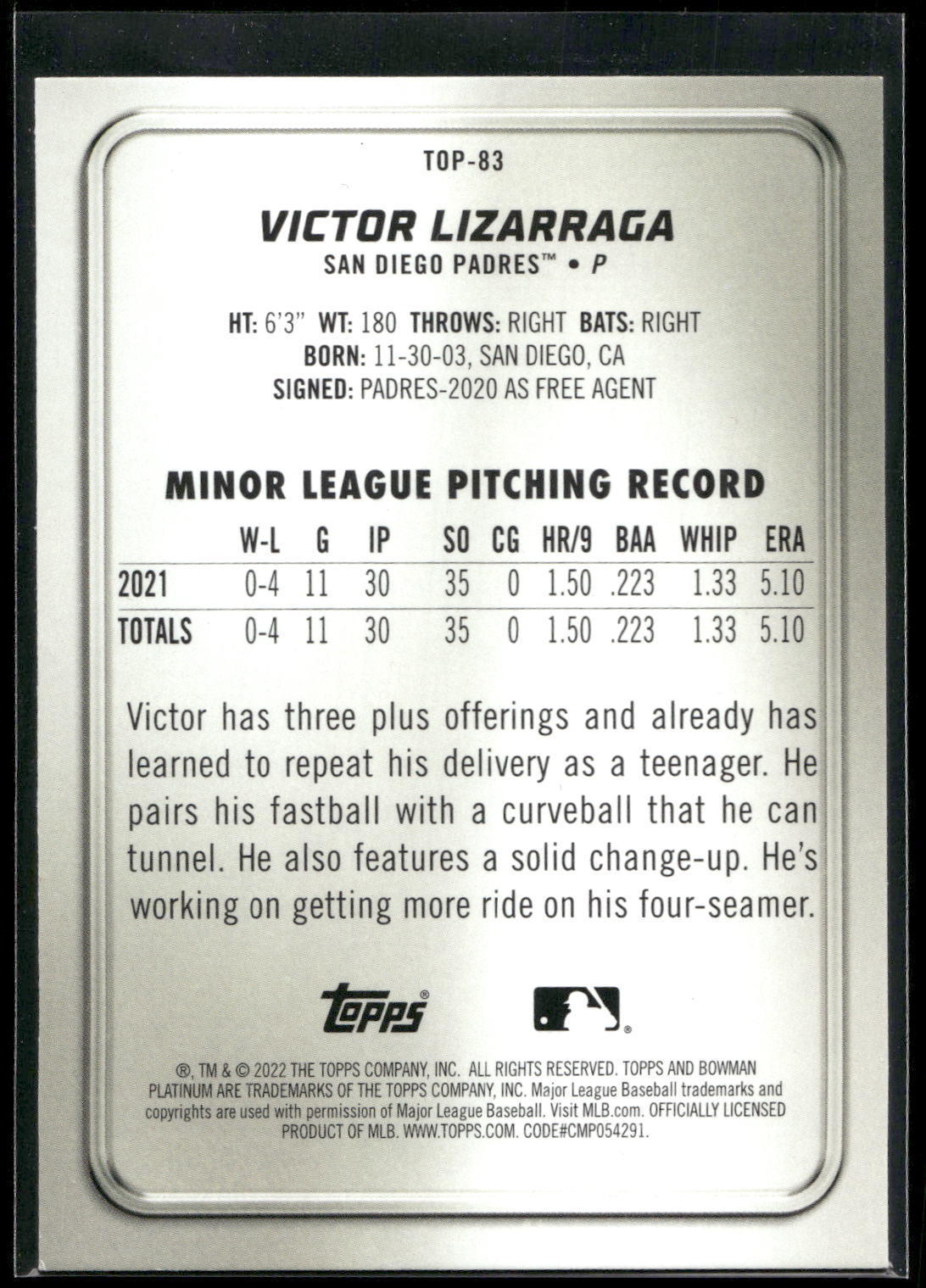 2022 Bowman Platinum #TOP-83 Victor Lizarraga Top Prospects