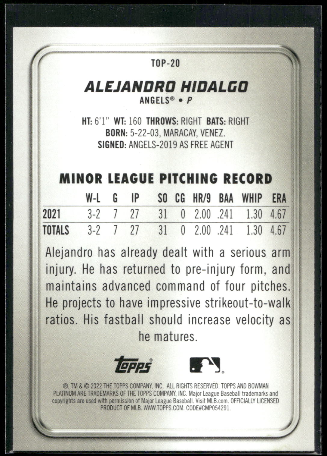 2022 Bowman Platinum #TOP-20 Alejandro Hidalgo Top Prospects