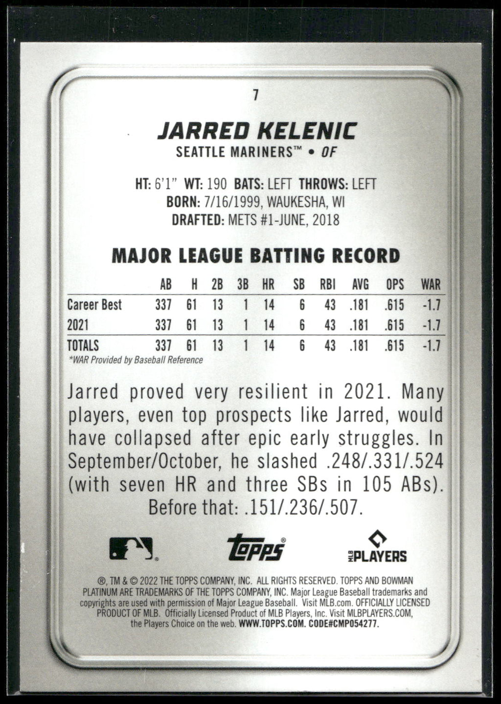 2022 Bowman Platinum #7 Jarred Kelenic