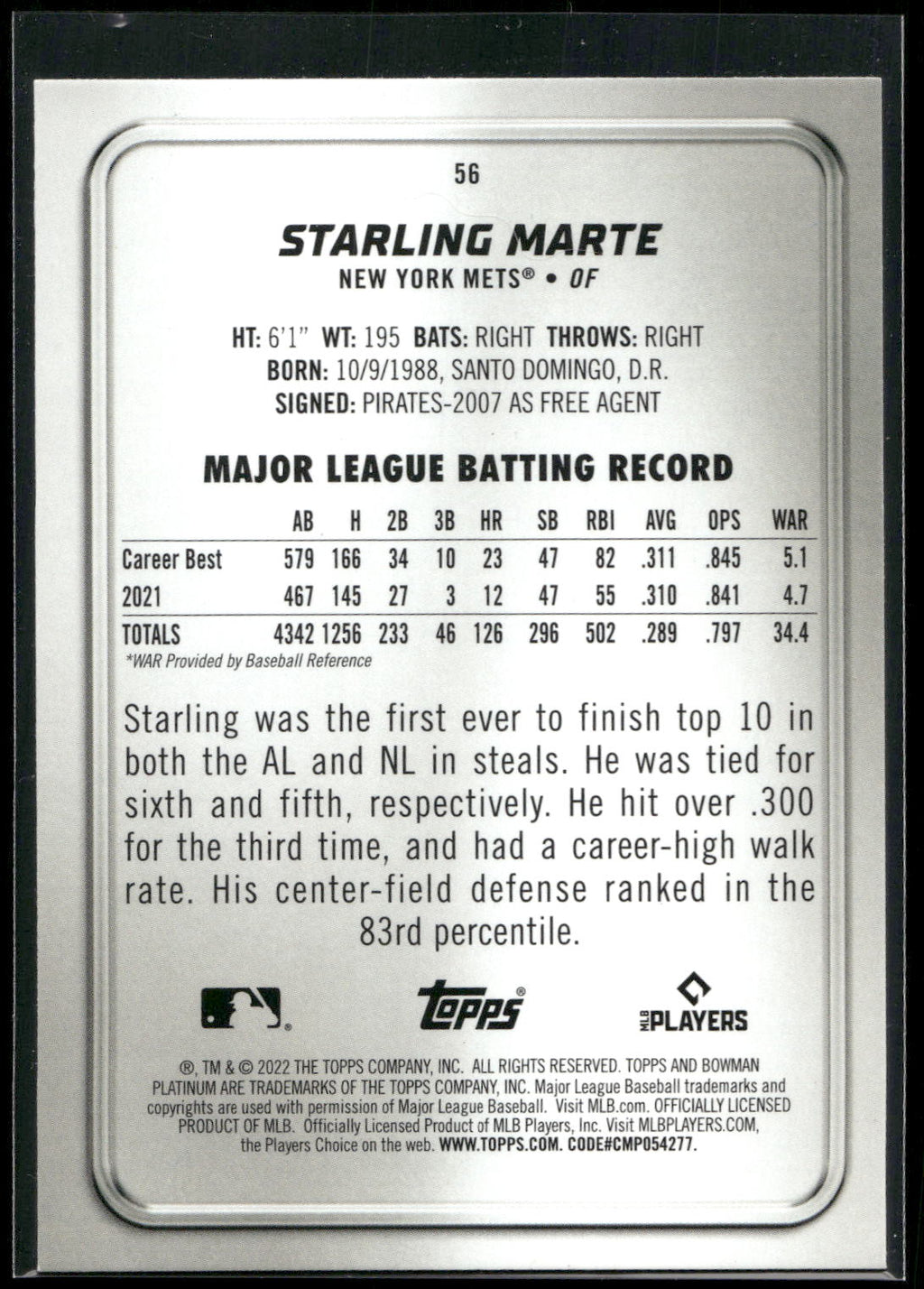 2022 Bowman Platinum #56 Starling Marte