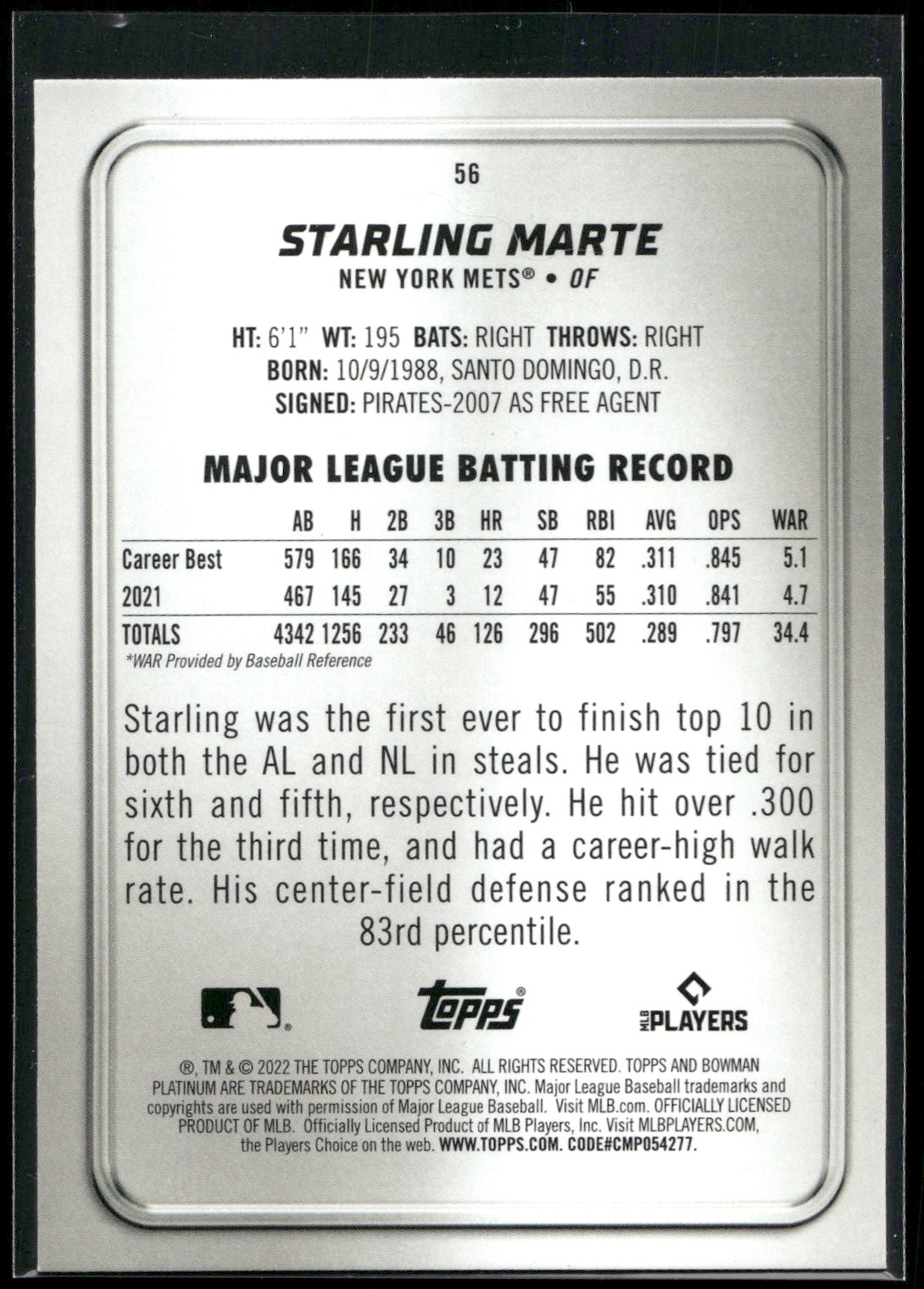 2022 Bowman Platinum #56 Starling Marte