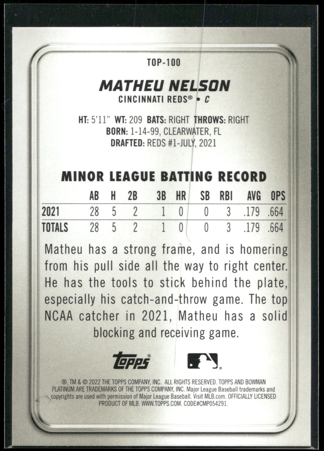 2022 Bowman Platinum #TOP-100 Matheu Nelson Top Prospects