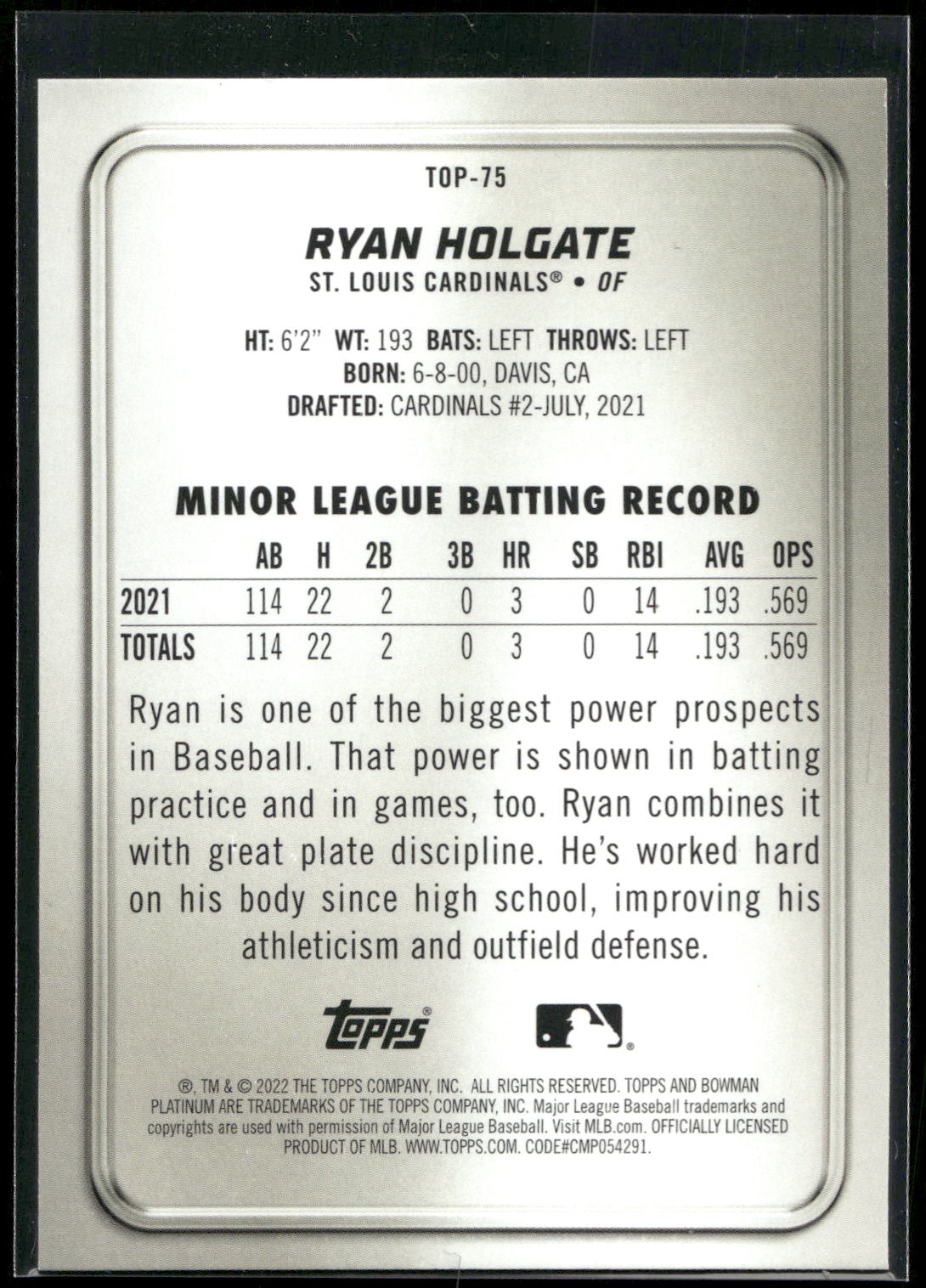 2022 Bowman Platinum #TOP-75 Ryan Holgate Top Prospects