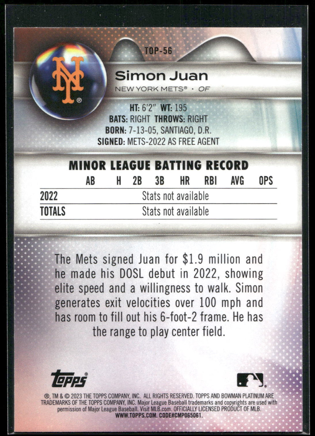 2023 Bowman Platinum #TOP-56 Simon Juan Top Prospects