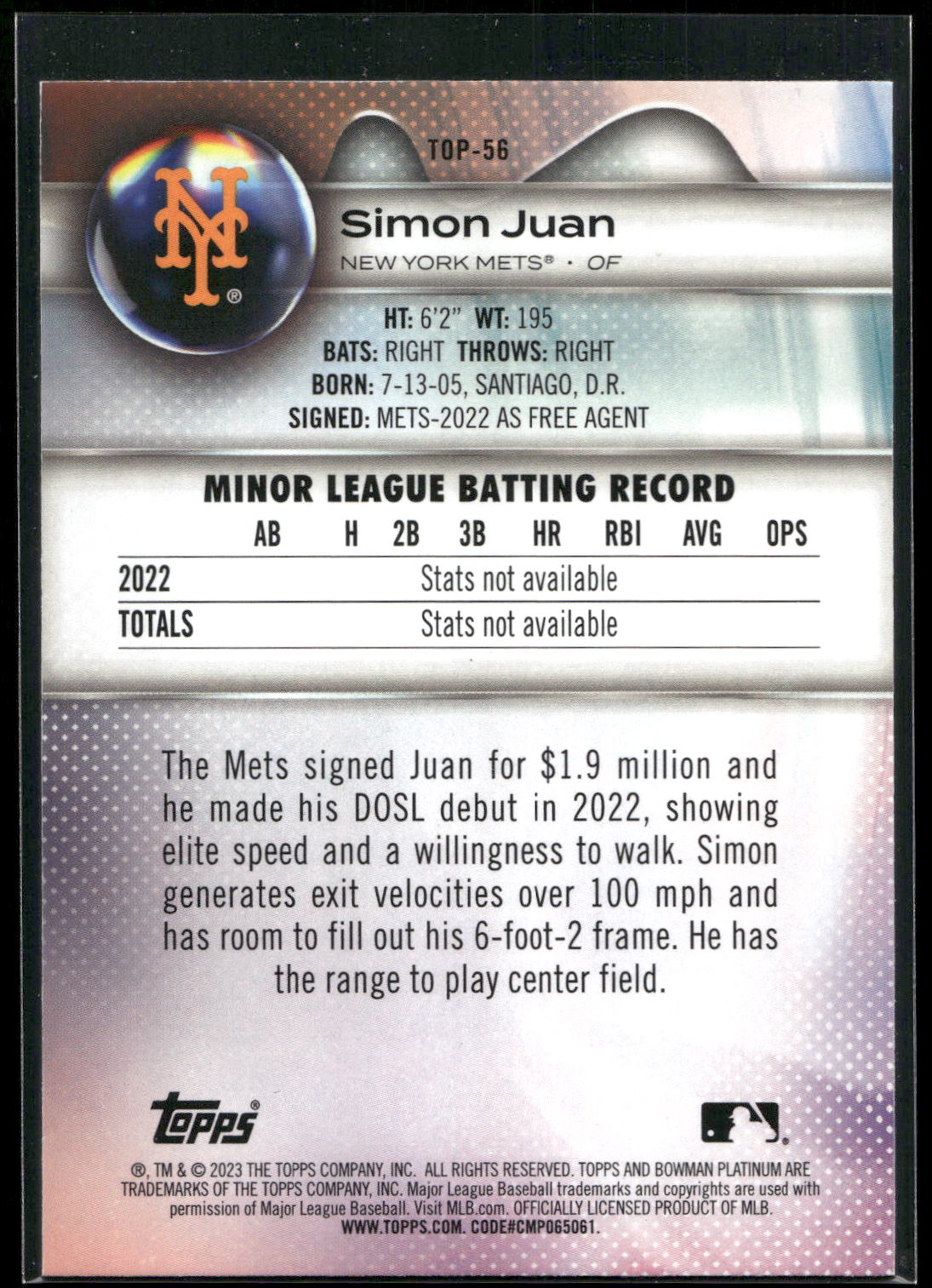 2023 Bowman Platinum #TOP-56 Simon Juan Top Prospects