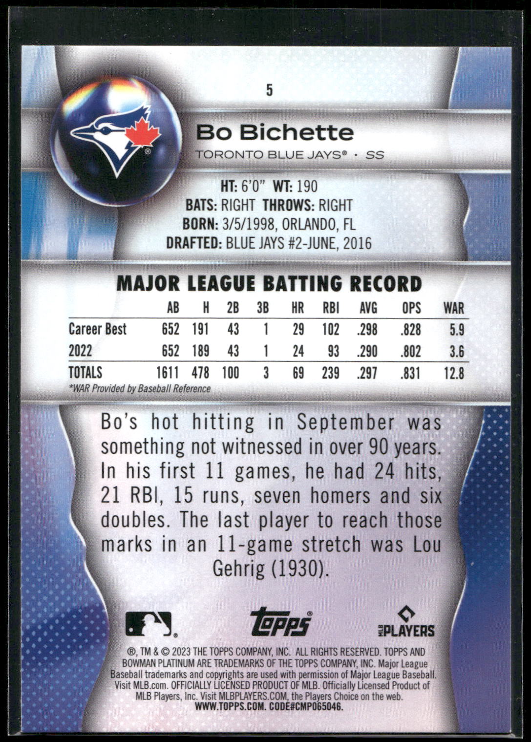 2023 Bowman Platinum #5 Bo Bichette