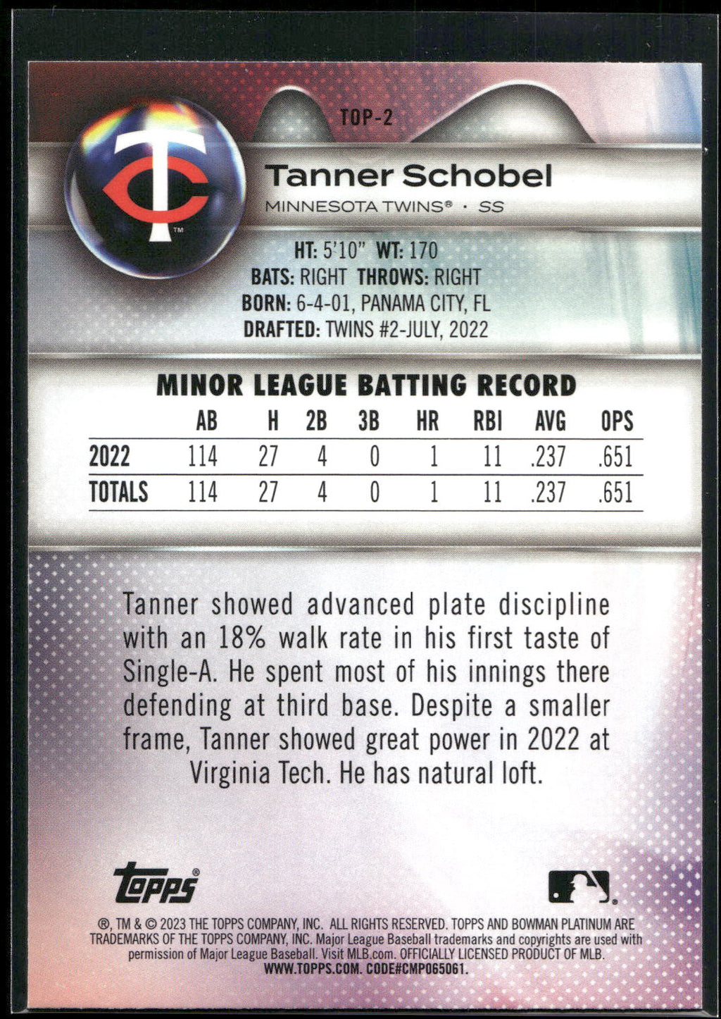 2023 Bowman Platinum #TOP-2 Tanner Schobel Top Prospects
