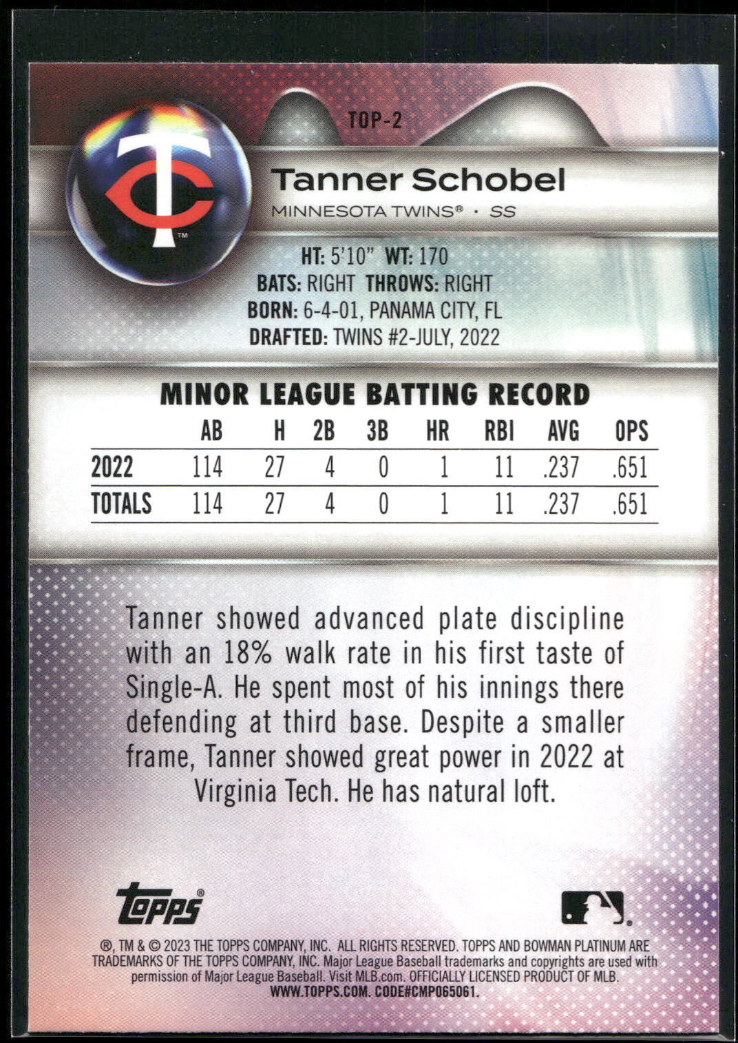 2023 Bowman Platinum #TOP-2 Tanner Schobel Top Prospects