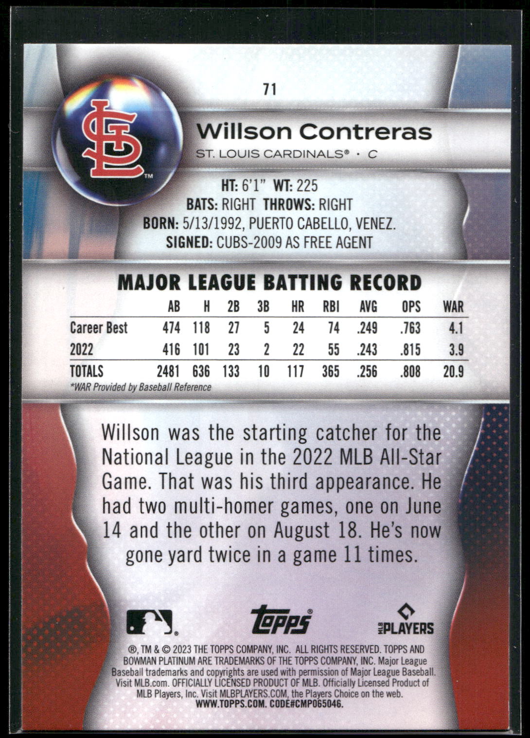 2023 Bowman Platinum #71 Willson Contreras