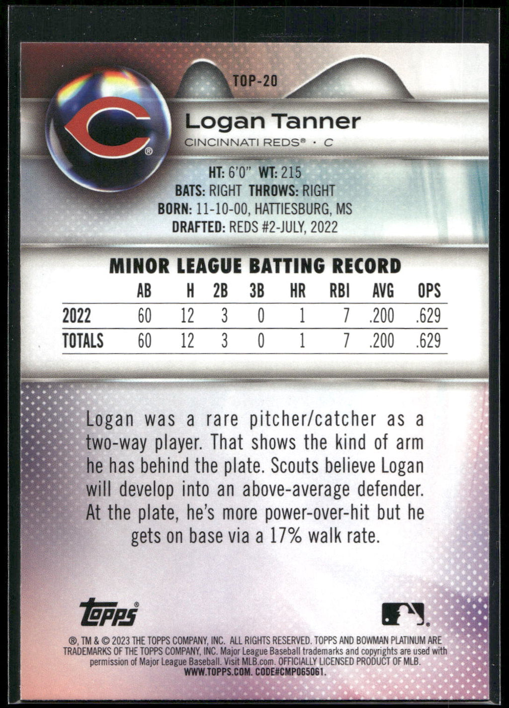 2023 Bowman Platinum #TOP-20 Logan Tanner Top Prospects